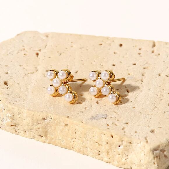 Pearl Cross Stud Earrings 18K Gold Plated Minimalist - Picture 2 of 6